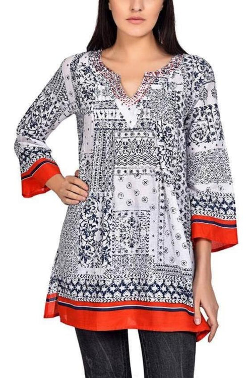 Bohemian Print Tunic - white with black/red