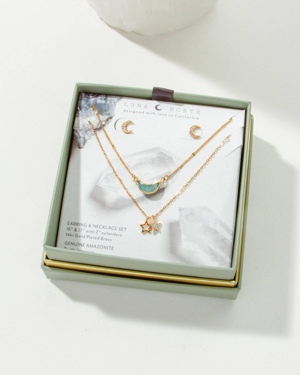 Luna Norte - Moon and Stars Necklace Set- Amazonite