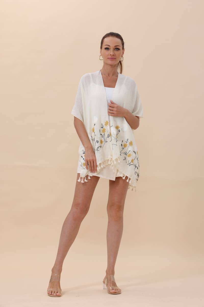 Floral Embroidered Tassel Hem Kimono Cardigan