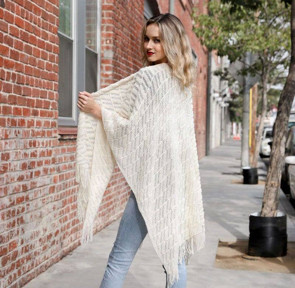 Leto Accessories - Soft Diagonal Knit Tassel Trim Ruana