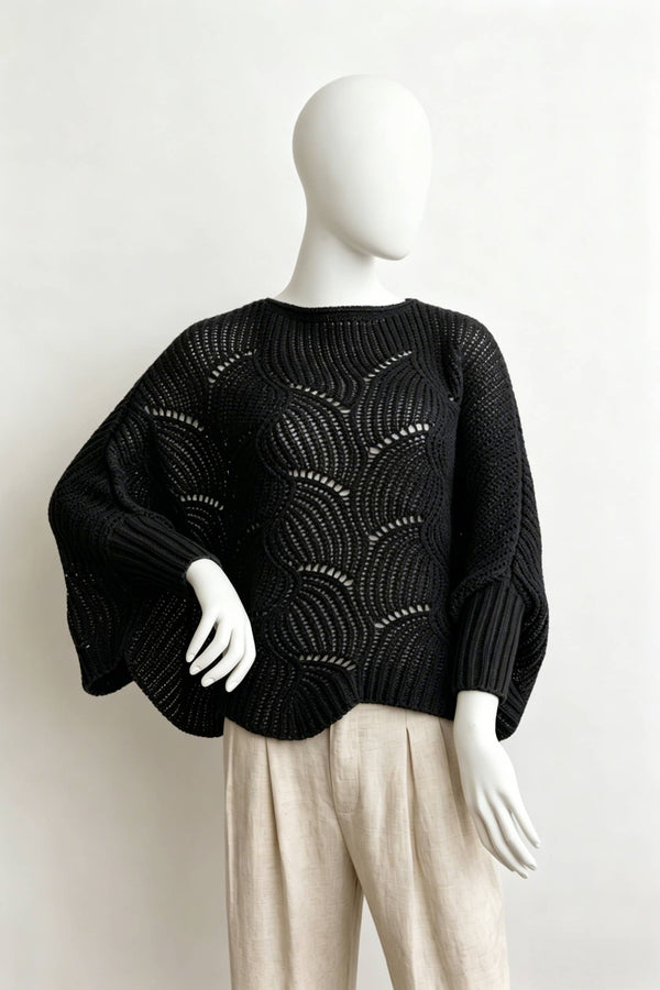 Leto Accessories - Ribbed Knit Pattern Poncho w/ Sleeves: Ivory