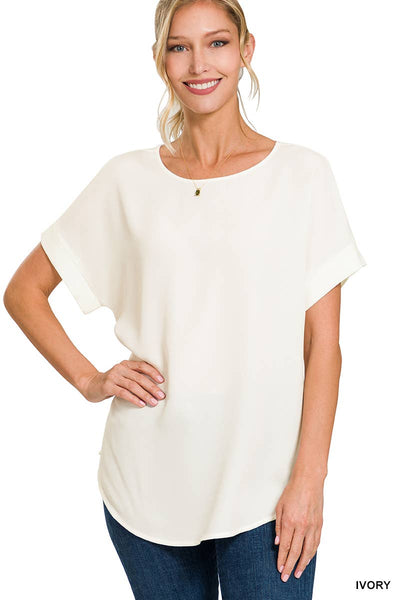 42POPS - .SI-15944 WOVEN HEAVY DOBBY ROLLED SLEEVE BOAT NECK TOP: LTNAVY-150221 / S