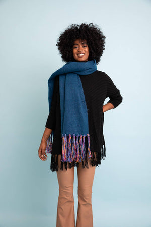 Blue Color Speckle Frayed Border Bohemian Scarf