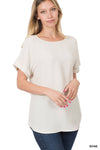 42POPS - .SI-15944 WOVEN HEAVY DOBBY ROLLED SLEEVE BOAT NECK TOP: LTNAVY-150221 / S