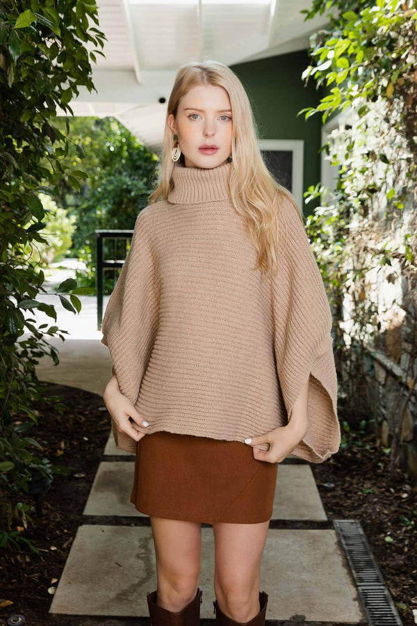 Leto Accessories - 🐢 Turtleneck Ribbed Knit Poncho w/ Armholes: Oatmeal