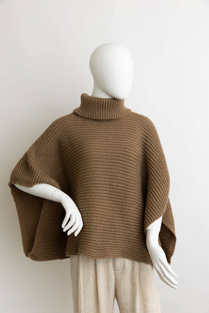 Leto Accessories - 🐢 Turtleneck Ribbed Knit Poncho w/ Armholes: Oatmeal