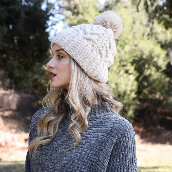 Pink Cable Knit Pom Beanie