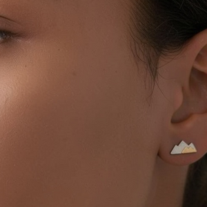 Dual Mountain Two-tone Gold Stud Earrings - Silver Base