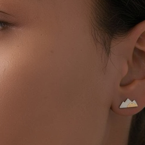 Dual Mountain Two-tone Gold Stud Earrings - Silver Base