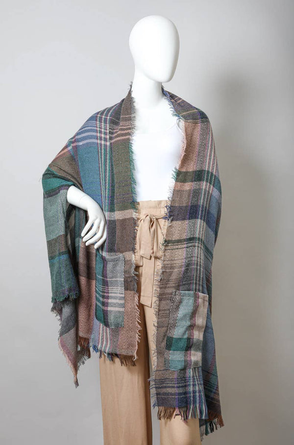 Light Pink Multicolor Plaid Pocket Ruana