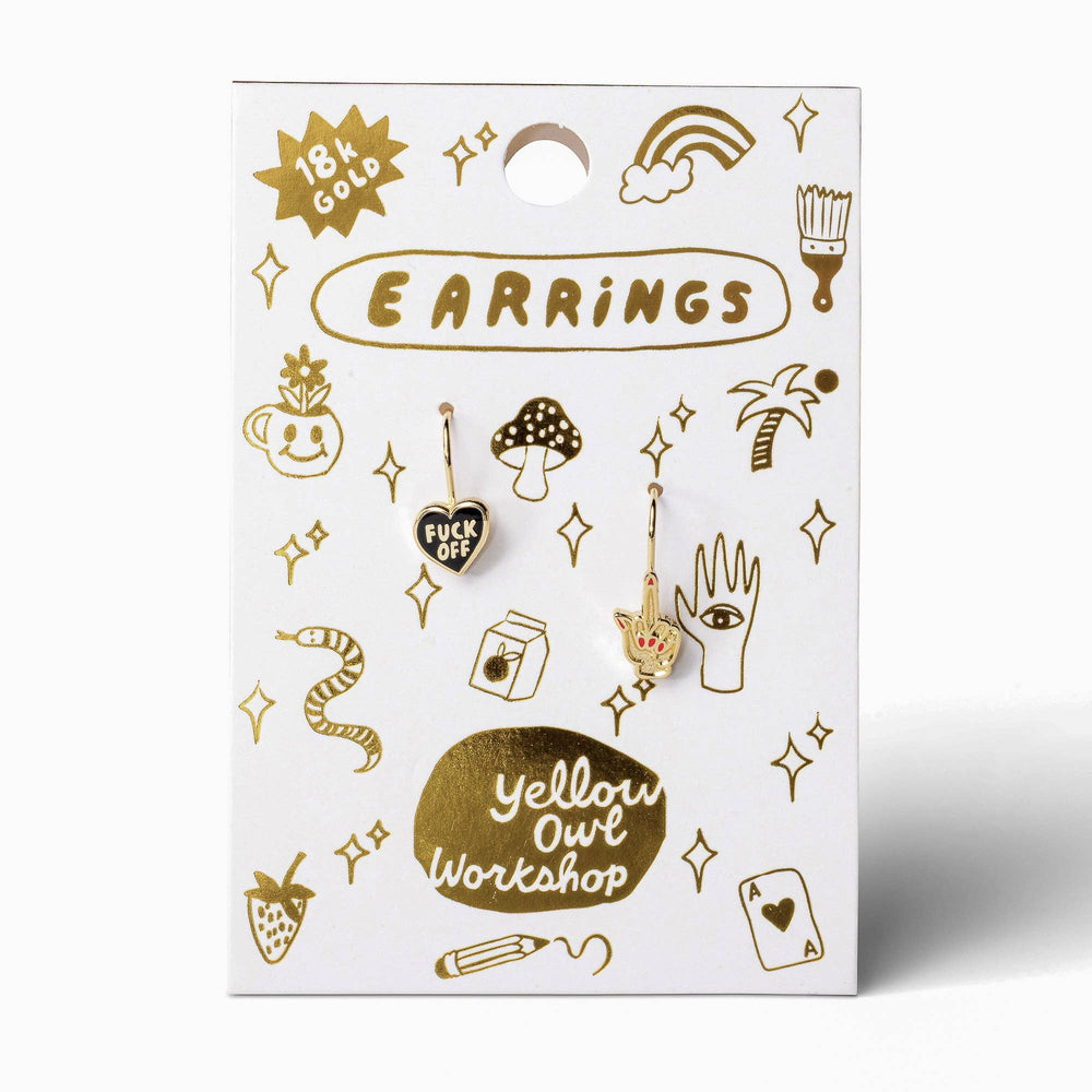 Yellow Owl Workshop - F*ck Off Heart Middle Finger Gold Drop Earrings