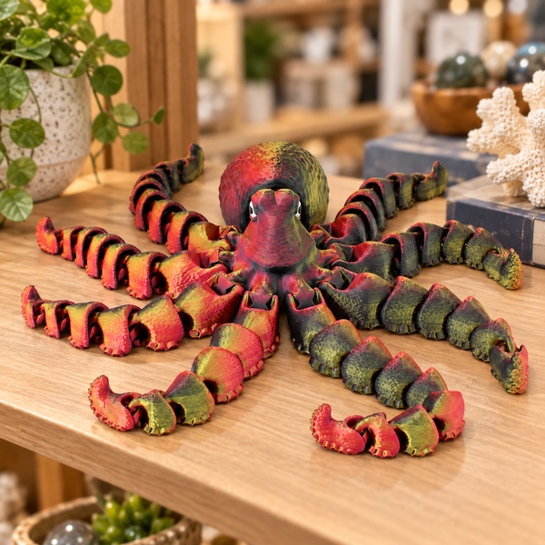PowerTRC 3D Print - 3D Printed Large Articulated Octopus Fidget – Black Red Gold