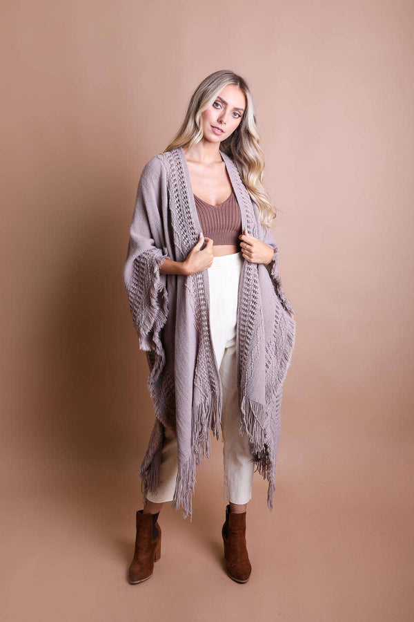 Rust Open Work Frayed Ruana