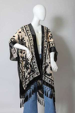 Leto Accessories - Western Velvet Mesh Tapestry Tassel Kimono