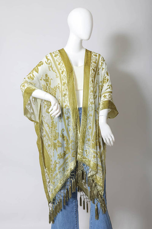 Leto Accessories - Western Velvet Mesh Tapestry Tassel Kimono
