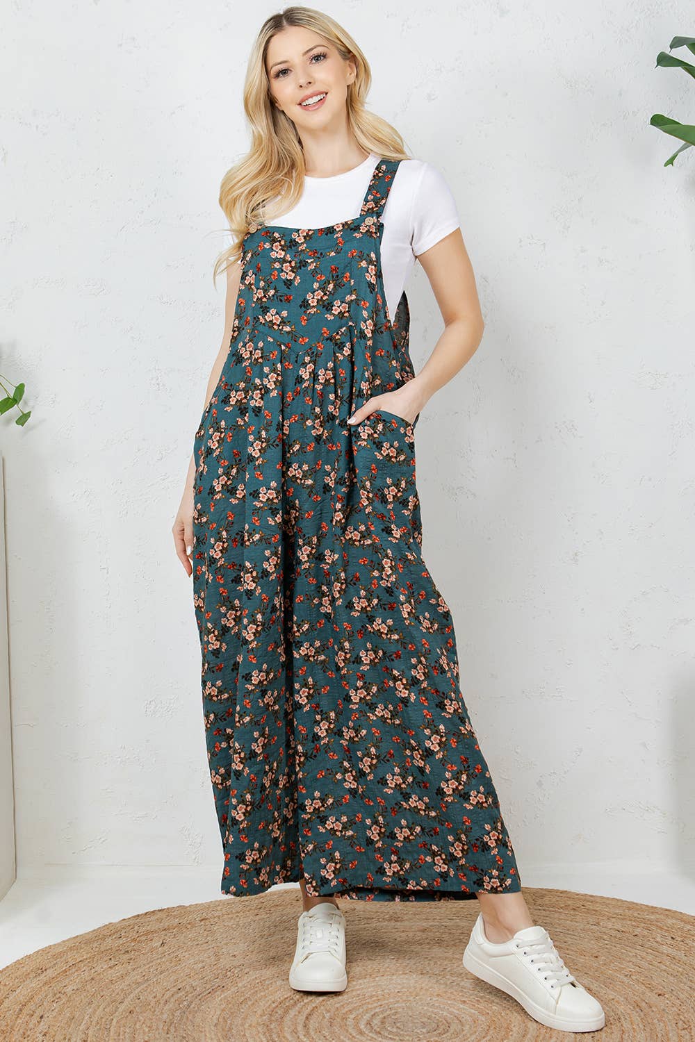 Teal Floral Overalls