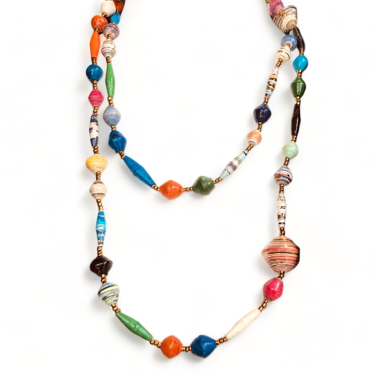 Fiesta 3 Handmade Beaded Long Necklace (Multicolor with Gold Seed Beads)
