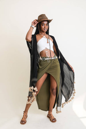 Leto Accessories - Boho Chic Longline Tassel Border Kimono – Navy, Black, White