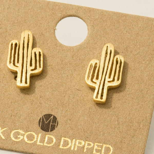 Fame Accessories - Gold Dipped Dainty Desert Cactus Stud Earrings