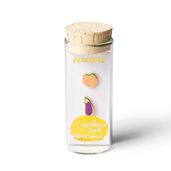Yellow Owl Workshop - Peach & Eggplant Earrings | Emoji Mismatched Gold Studs