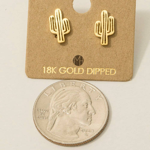 Fame Accessories - Gold Dipped Dainty Desert Cactus Stud Earrings