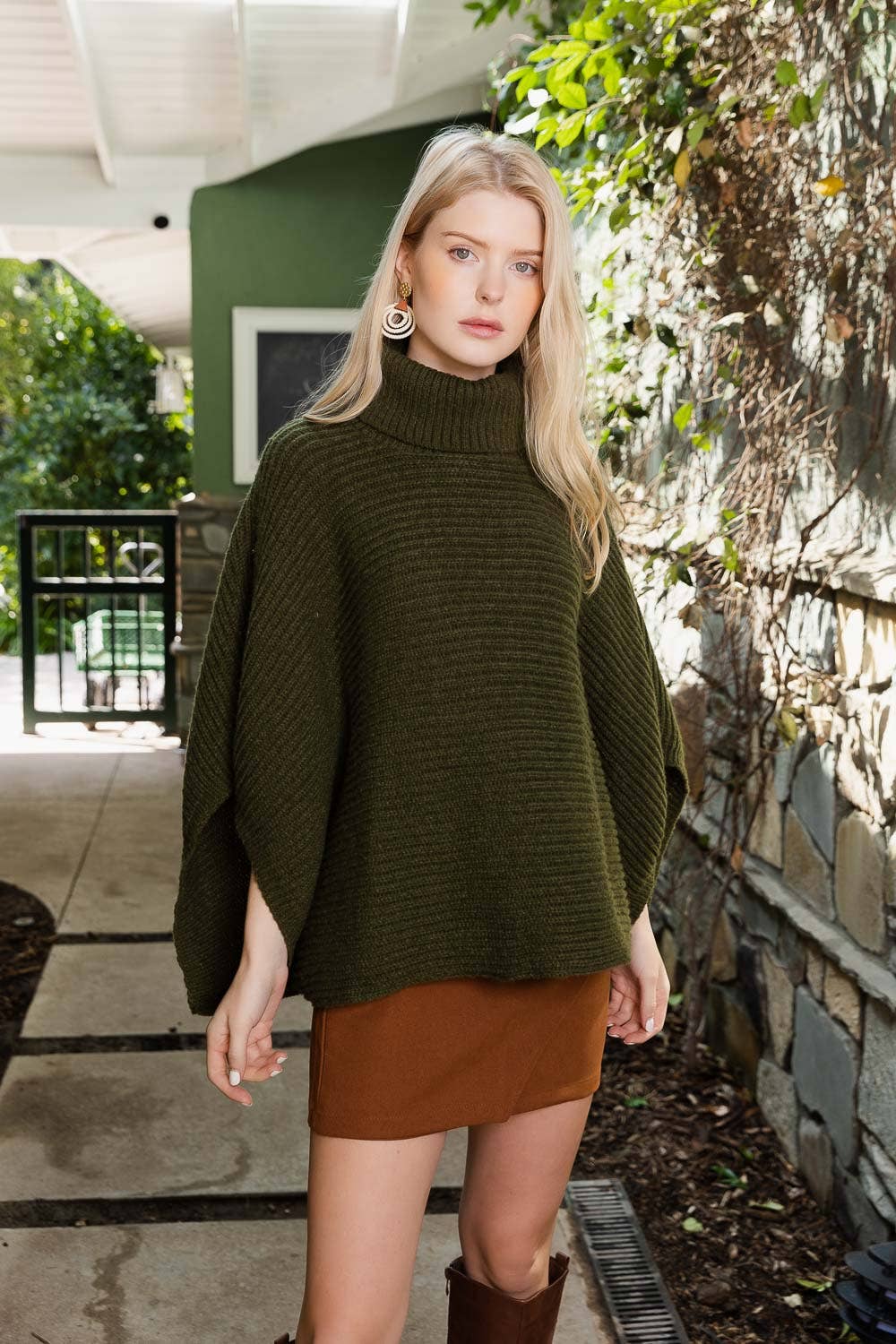 Olive Knit Turtleneck Poncho