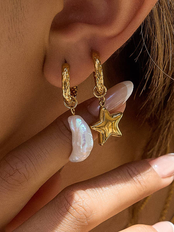 Tillyn Gold Non-Tarnish Mismatch Moon and Star Earring