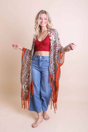 Terra Cotta Bohemian Diamond Tassel Kimono