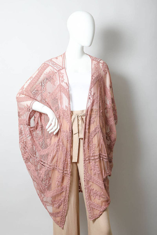 Leto Accessories - Ethereal Embroidered Mesh Leaf Kimono