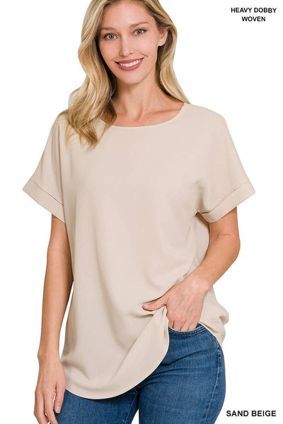 42POPS - .SI-15944 WOVEN HEAVY DOBBY ROLLED SLEEVE BOAT NECK TOP: LTNAVY-150221 / S