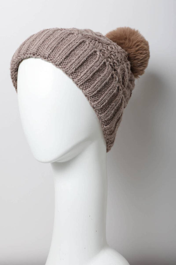 Pink Cable Knit Pom Beanie