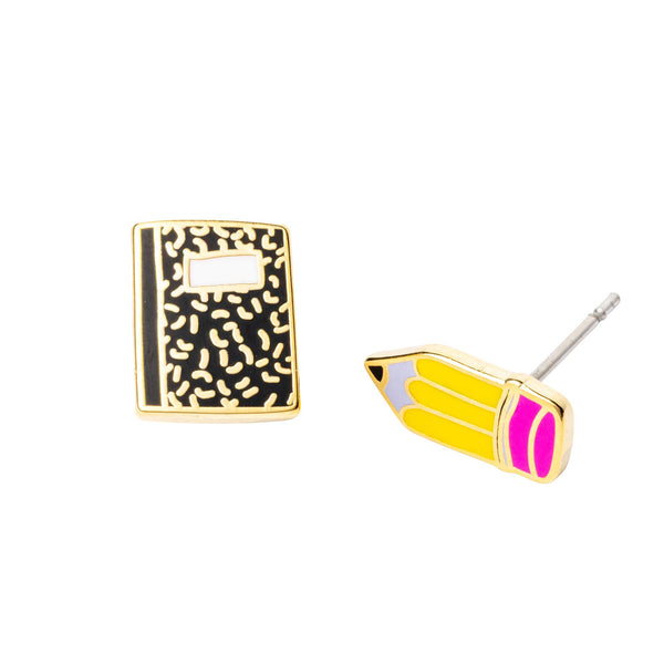 Yellow Owl Workshop - Pencil & Notebook Earrings | Teacher Mismatched Gold Studs