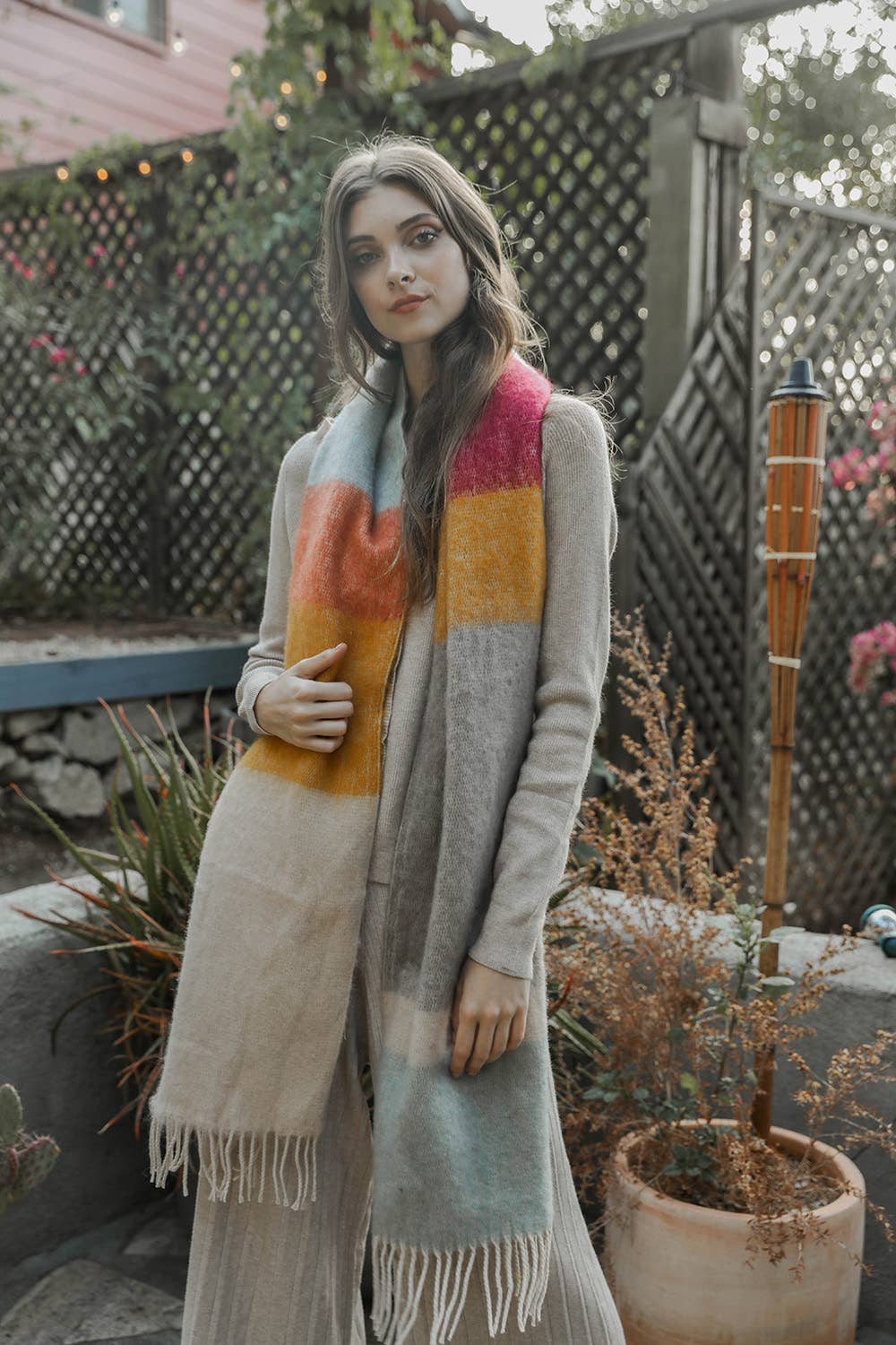 Cozy Color Block Scarf - Light Blue + Oatmeal