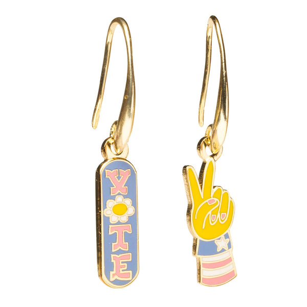 Yellow Owl Workshop - Vote & Peace Sign Drop Earrings | Gold Election Day Jewelry