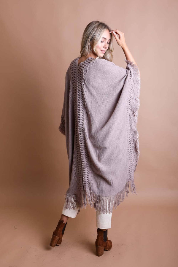 Rust Open Work Frayed Ruana