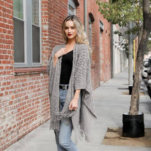 Leto Accessories - Soft Diagonal Knit Tassel Trim Ruana
