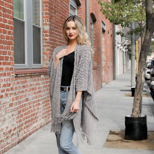Leto Accessories - Soft Diagonal Knit Tassel Trim Ruana