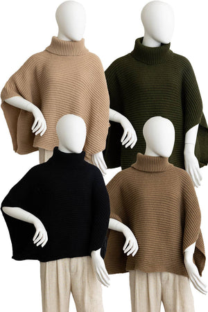 Leto Accessories - 🐢 Turtleneck Ribbed Knit Poncho w/ Armholes: Oatmeal