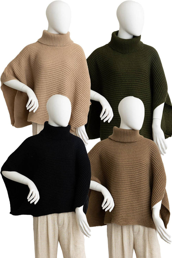 Leto Accessories - 🐢 Turtleneck Ribbed Knit Poncho w/ Armholes: Oatmeal