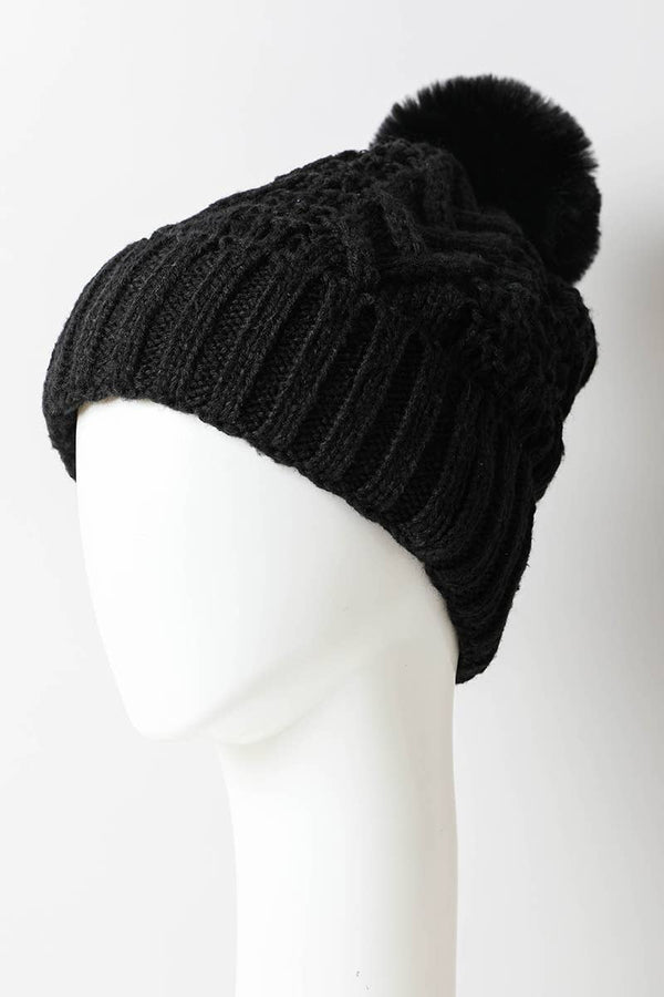 Pink Cable Knit Pom Beanie