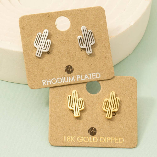Fame Accessories - Gold Dipped Dainty Desert Cactus Stud Earrings