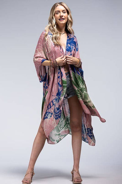 Blush Flower Bouquet and Butterfly Print Kimono