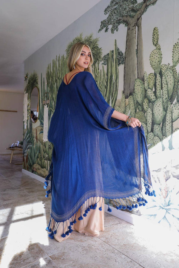 Leto Accessories - Boho Chic Longline Tassel Border Kimono – Navy, Black, White