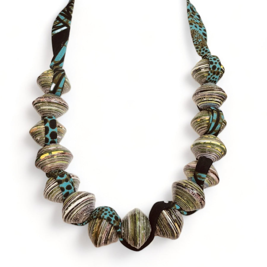 Sanyu Funky Handmade Necklace with Chunky Beads and Ankara Fabric (Large Beads in Red, Green or Orange)