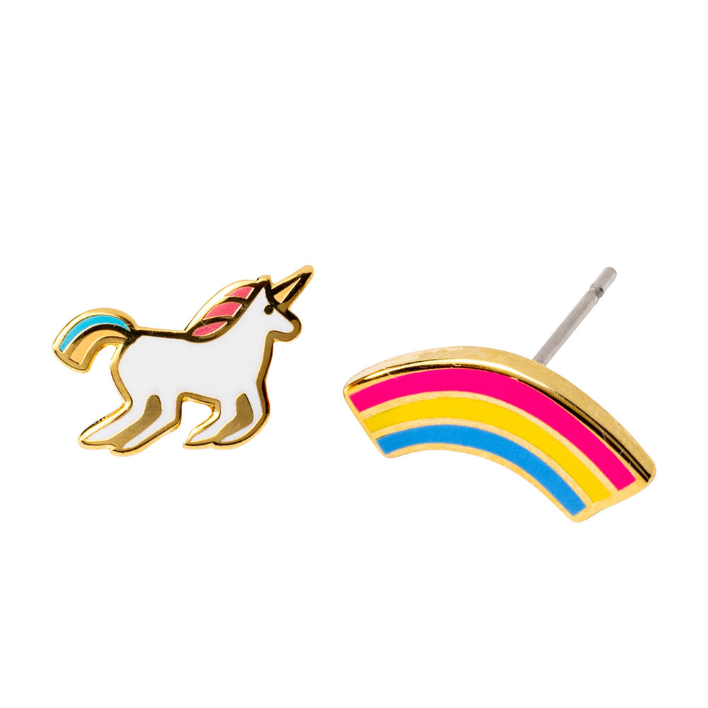 Yellow Owl Workshop - Unicorn & Rainbow Earrings | Fantasy Gold Mismatched Studs