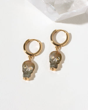 Luna Norte - Sweet Misfit Skull Huggie Hoop Earrings - Black Lip Mother of Pearl