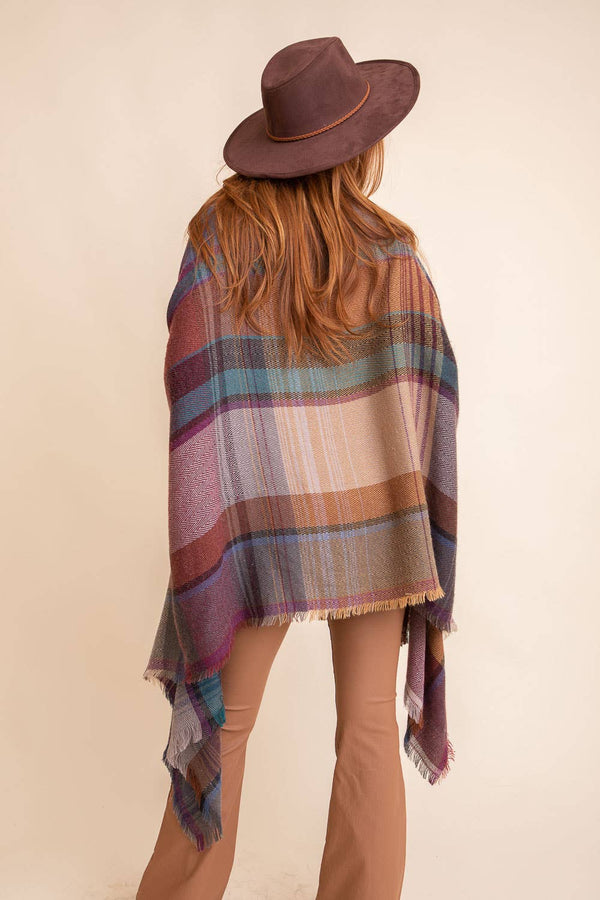 Light Pink Multicolor Plaid Pocket Ruana