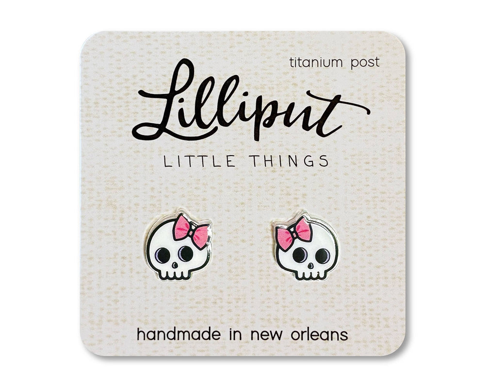 Lilliput Little Things - Cute Skull Earrings // Skull w Pink Bow