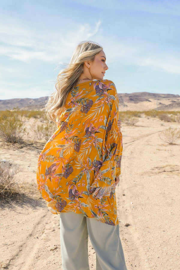 Leto Accessories - Tropical Leaves Draped Sleeve Kimono