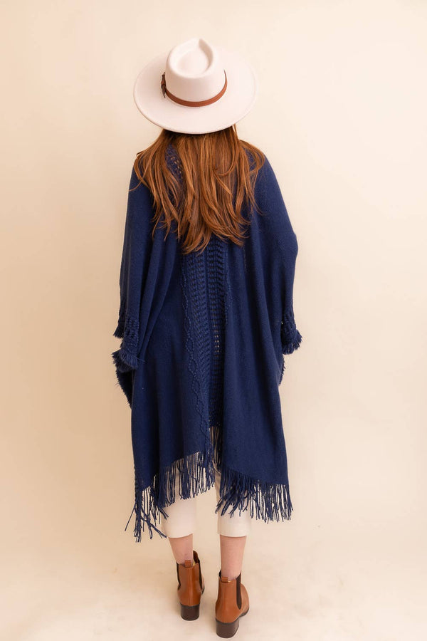 Rust Open Work Frayed Ruana